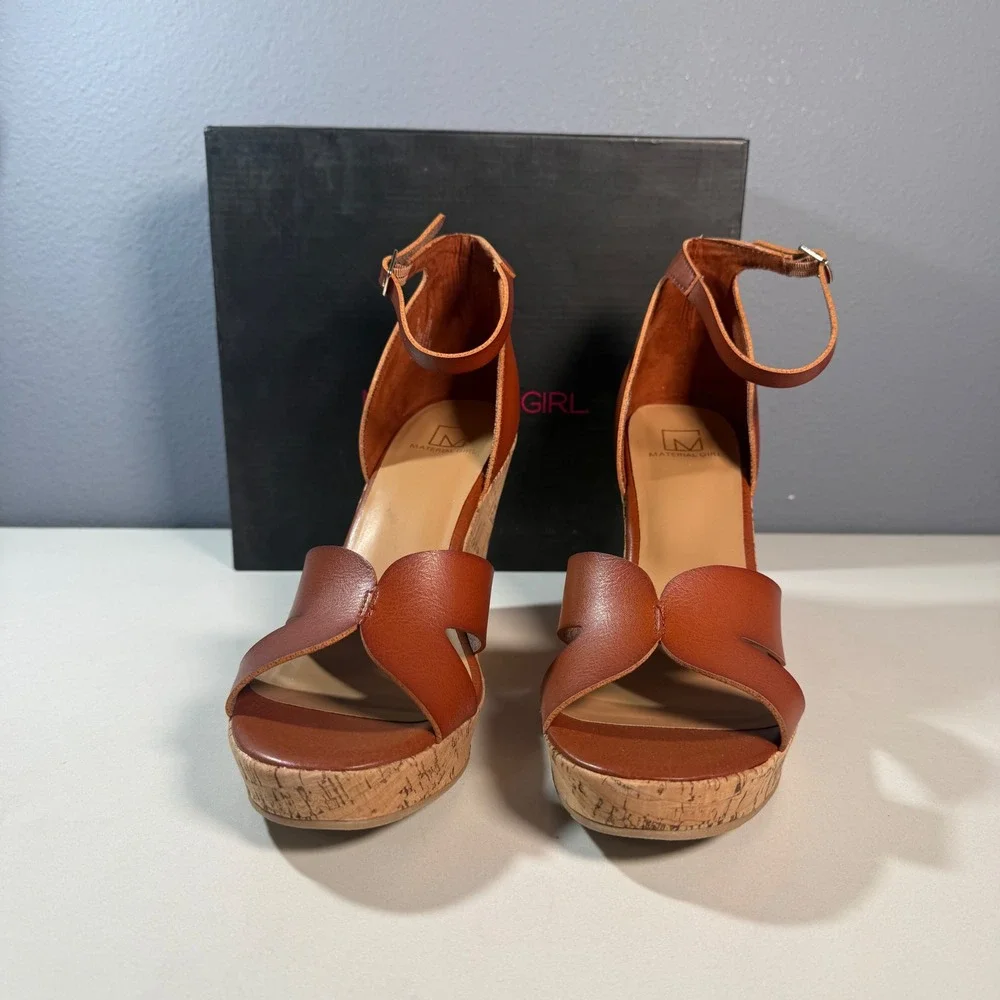 Material Girl Wedge Sandals Brown Cork Ankle Strap. Size 10.5